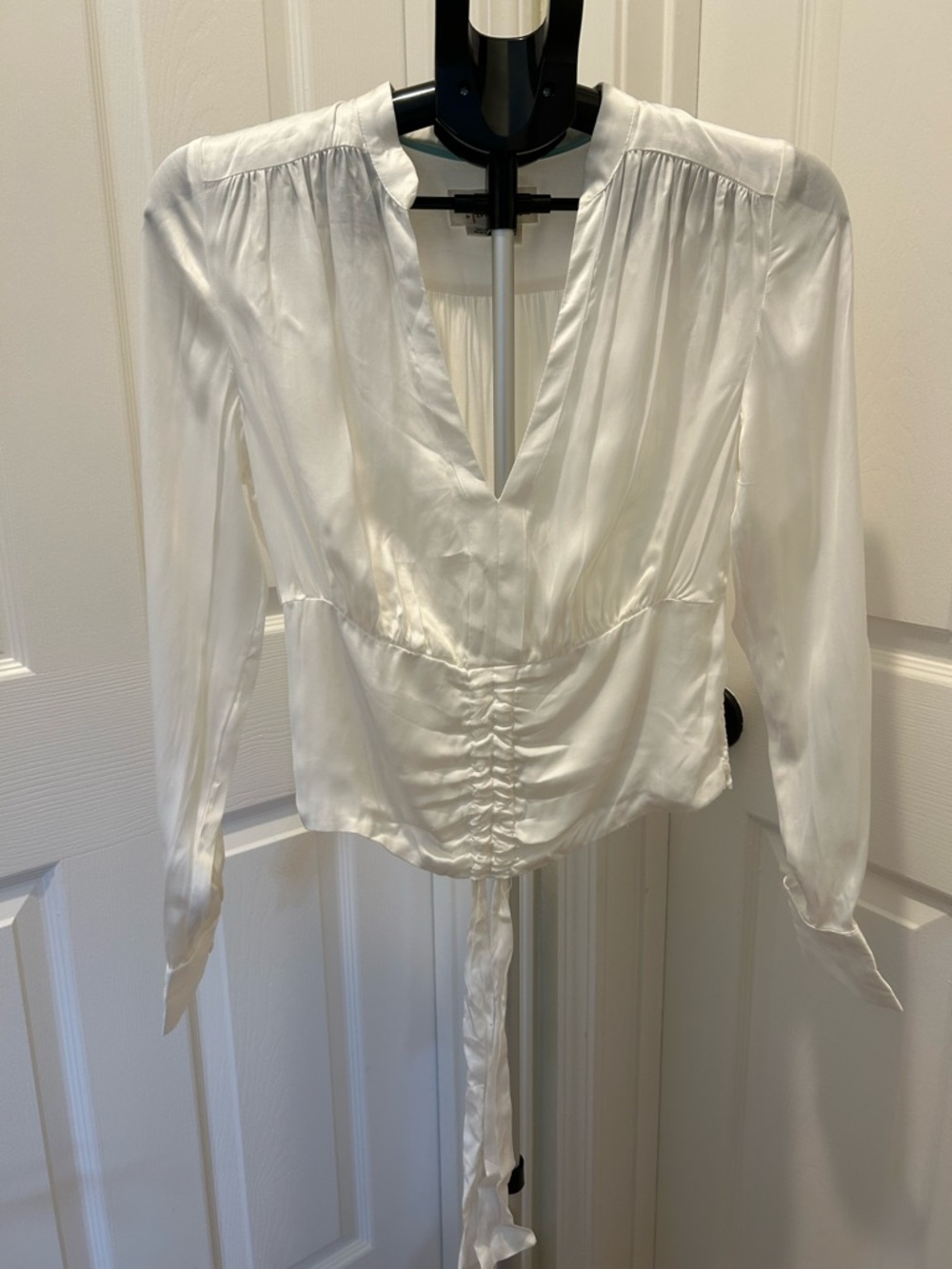 Anthropologie White Satin V-Neck Ruched Wrap Blouse